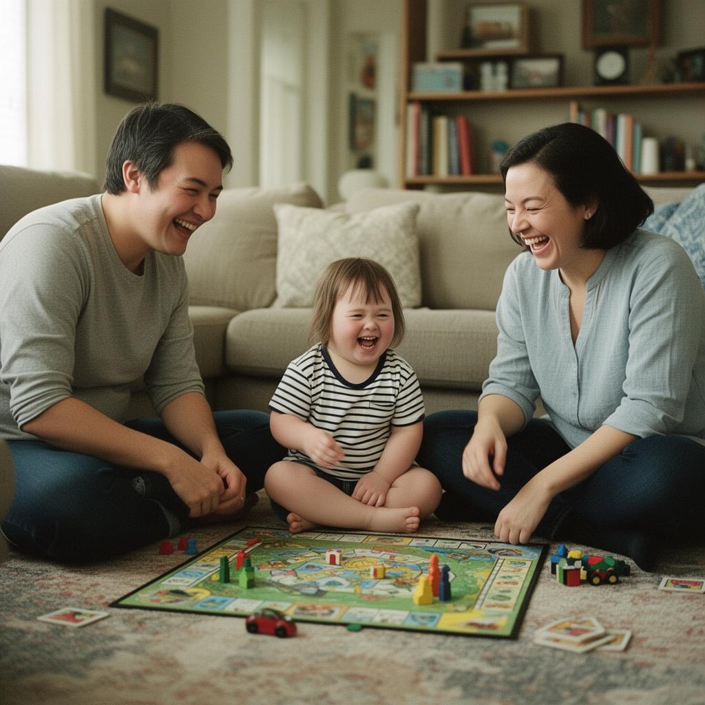 Foster parents playing with a young child with a developmental disability on the living room floor