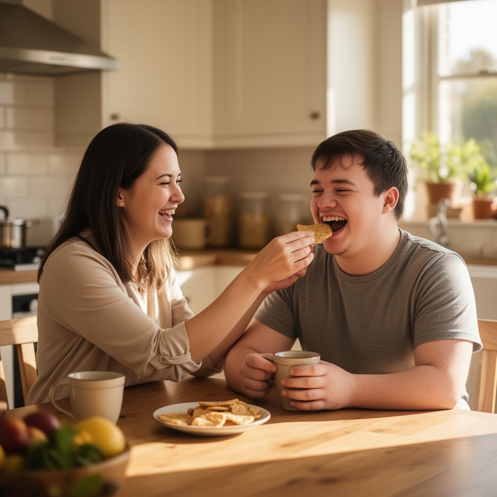 A caregiver sharing a snack and laughing with a young adult man with Down syndrome at the kitchen table